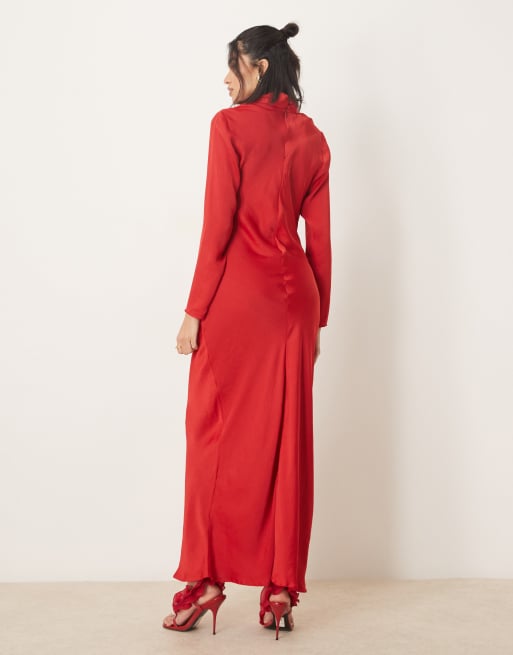ASOS DESIGN long sleeve satin tie front maxi dress in red | ASOS