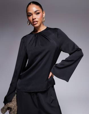 Asos Design Long Sleeve Satin Top In Black - Part Of A Set