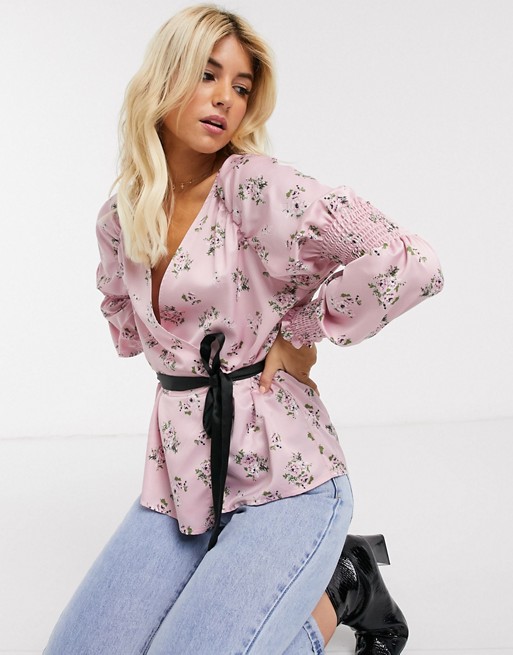 ASOS DESIGN long sleeve satin top in floral print with contrast belt in Multi