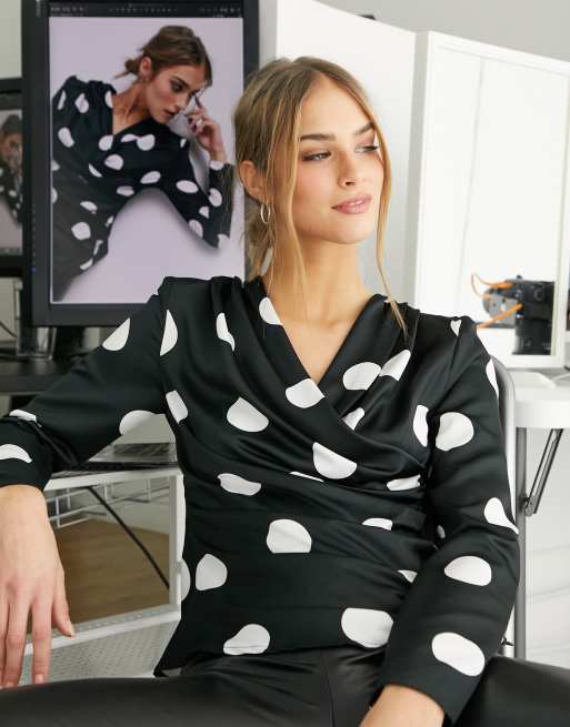 ASOS DESIGN long sleeve satin top with drape detail in mono spot print