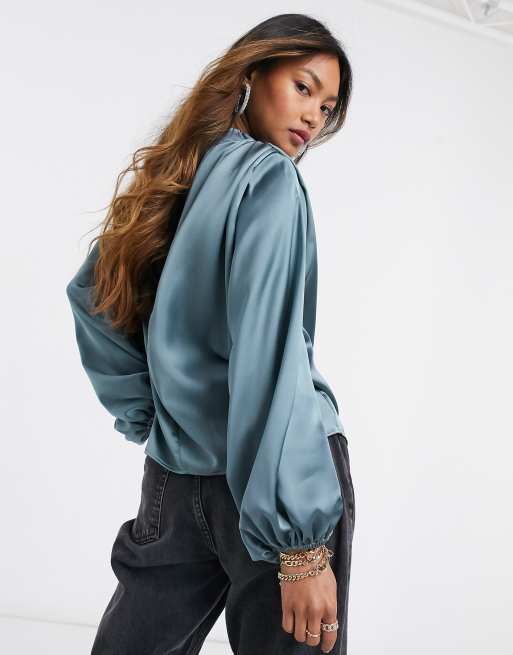 ASOS DESIGN long sleeve satin top with drape neck detail with shoulder pad  in dusty blue