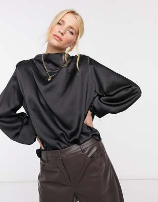 ASOS DESIGN long sleeve satin top with drape neck detail with shoulder ...