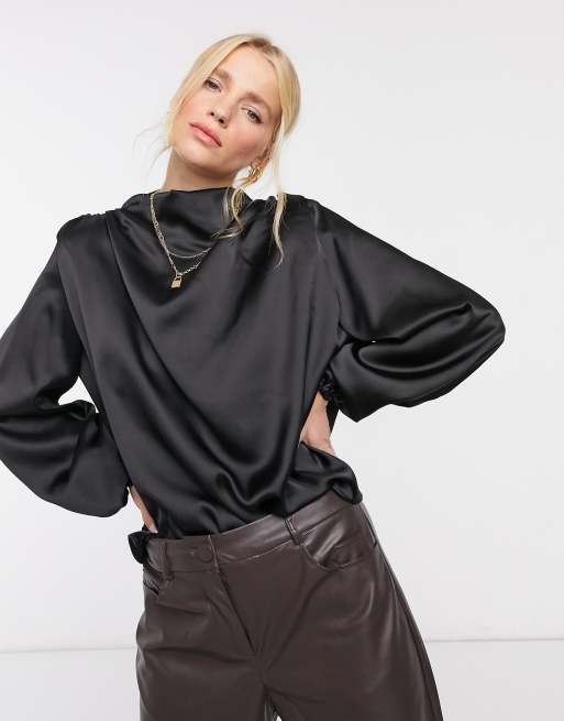 ASOS DESIGN long sleeve satin top with drape neck detail with shoulder pads  in black