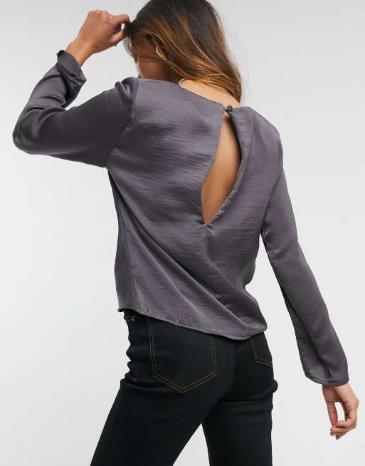 ASOS DESIGN long sleeve satin top with shoulder pads in dark gray, 2 of 4