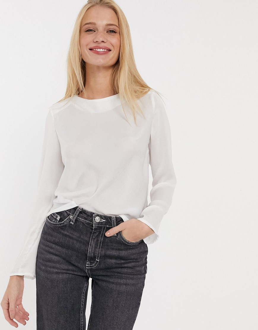 Asos Design Long Sleeve Satin Top With Shoulder Pads In Ivory-white