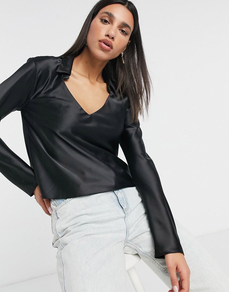 ASOS DESIGN long sleeve satin top with v neck and collar detail-Black