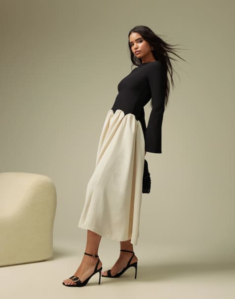 ASOS DESIGN long sleeve scallop detail full skirt color block midi dress in black - view 1