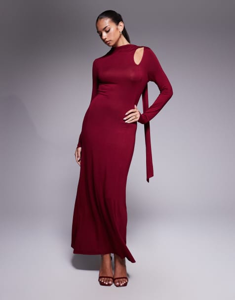ASOS DESIGN long sleeve scarf detail maxi dress in burgundy - view 1