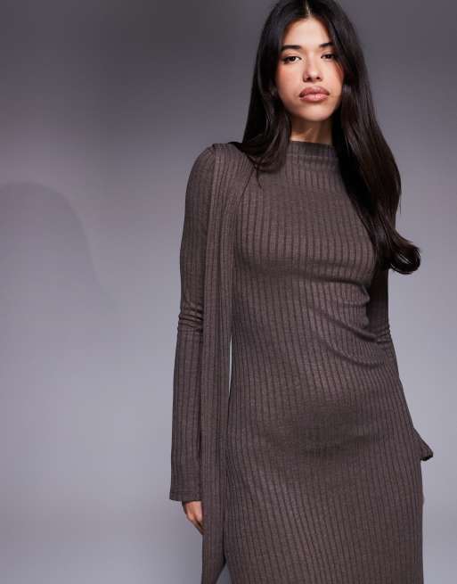 ASOS DESIGN long sleeve scarf detail maxi dress in chocolate, 2 of 4