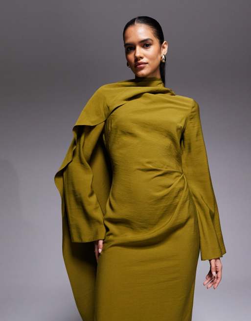 ASOS DESIGN long sleeve scarf detail maxi dress in olive