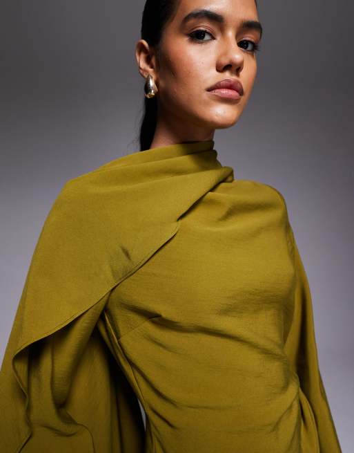 ASOS DESIGN long sleeve scarf detail maxi dress in olive