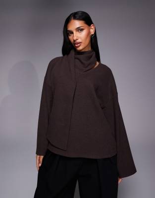 Asos Design Long Sleeve Scarf Detail Top In Gray