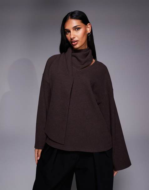 ASOS DESIGN long sleeve scarf detail top in brown - view 1