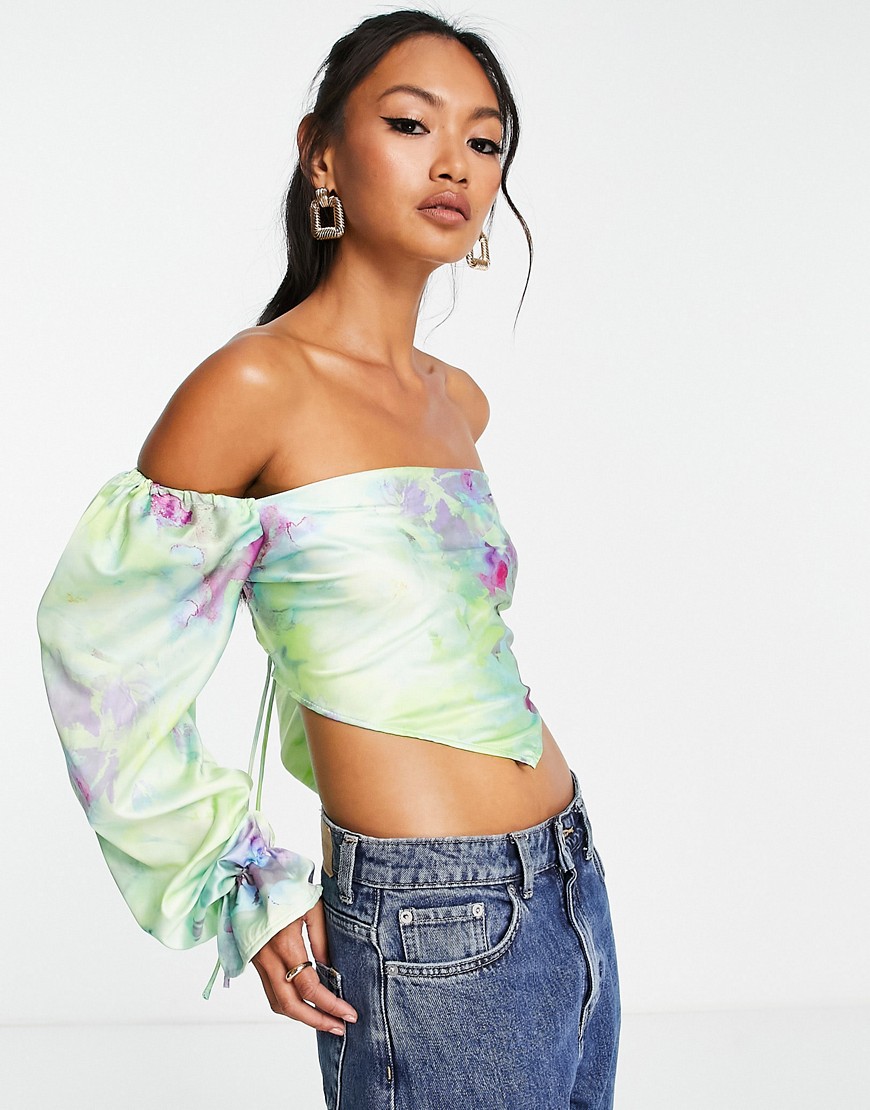 ASOS DESIGN long sleeve scarf top in lime blurred floral-Multi