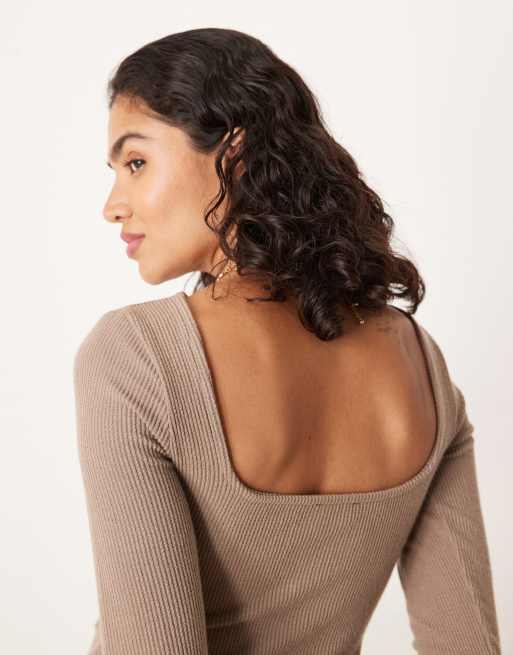 ASOS DESIGN long sleeve scoop back hybrid midi dress in beige