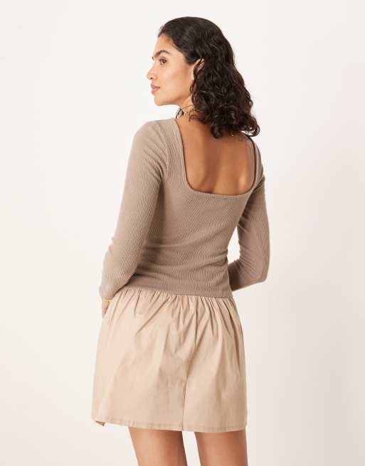 ASOS DESIGN long sleeve scoop back hybrid mini dress in beige, 2 of 4