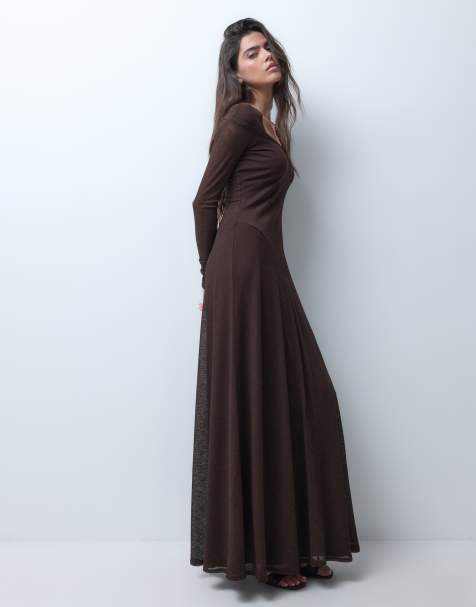 ASOS DESIGN long sleeve scoop bardot maxi dress with drop waist in chocolate rib - view 1