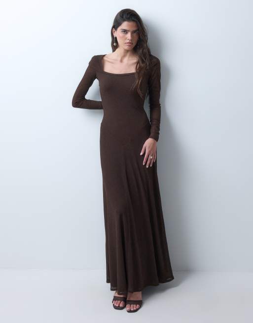 ASOS DESIGN long sleeve scoop bardot maxi dress with drop waist in chocolate rib, 3 of 5