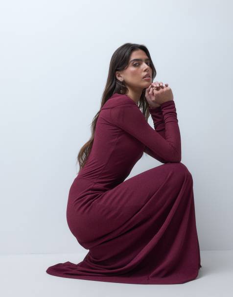ASOS DESIGN long sleeve scoop bardot maxi dress with drop waist in plum rib - view 1