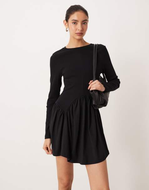 ASOS DESIGN long sleeve scoop dipped hem mini dress in black - view 1