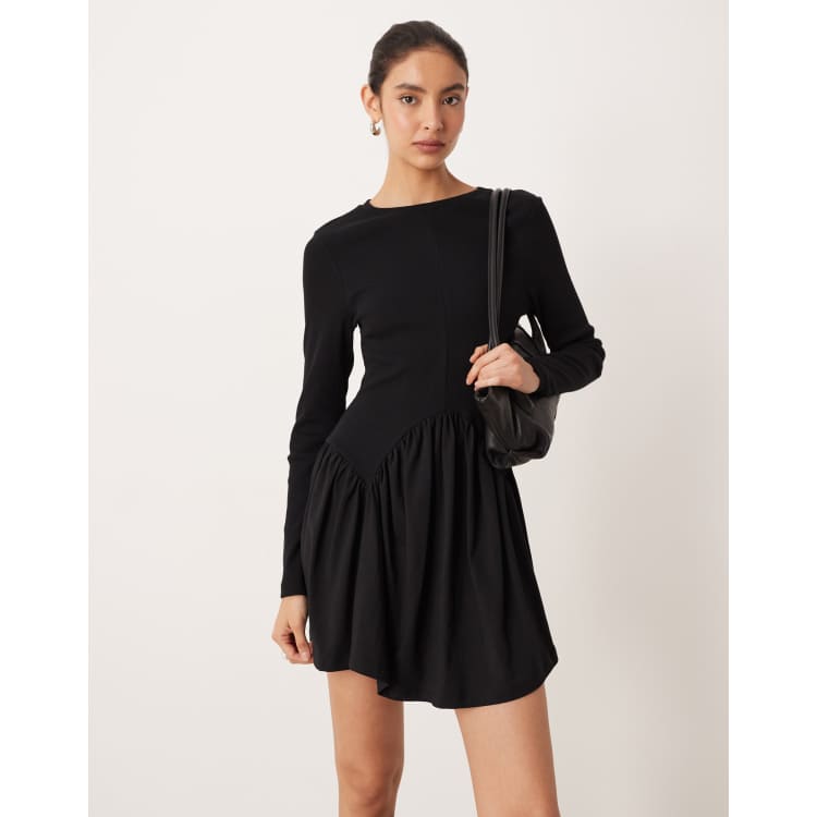 dip hem dress long sleeve ASOS Design Long Sleeve Scoop Dipped Hem Mini Dress in Black