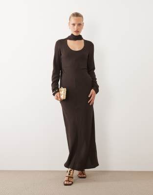 Asos Design Long Sleeve Scoop Neck Maxi Dress With Scarf In Brown