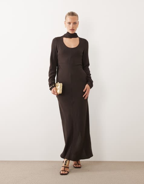 ASOS DESIGN long sleeve scoop neck maxi dress with scarf in chocolate brown - view 1