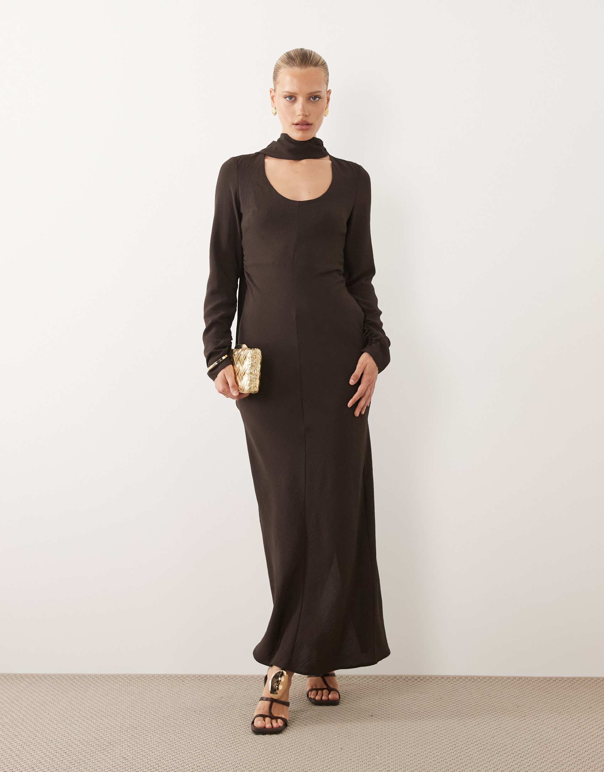 asos design long sleeve scoop neck maxi dress with scarf in chocolate brown
