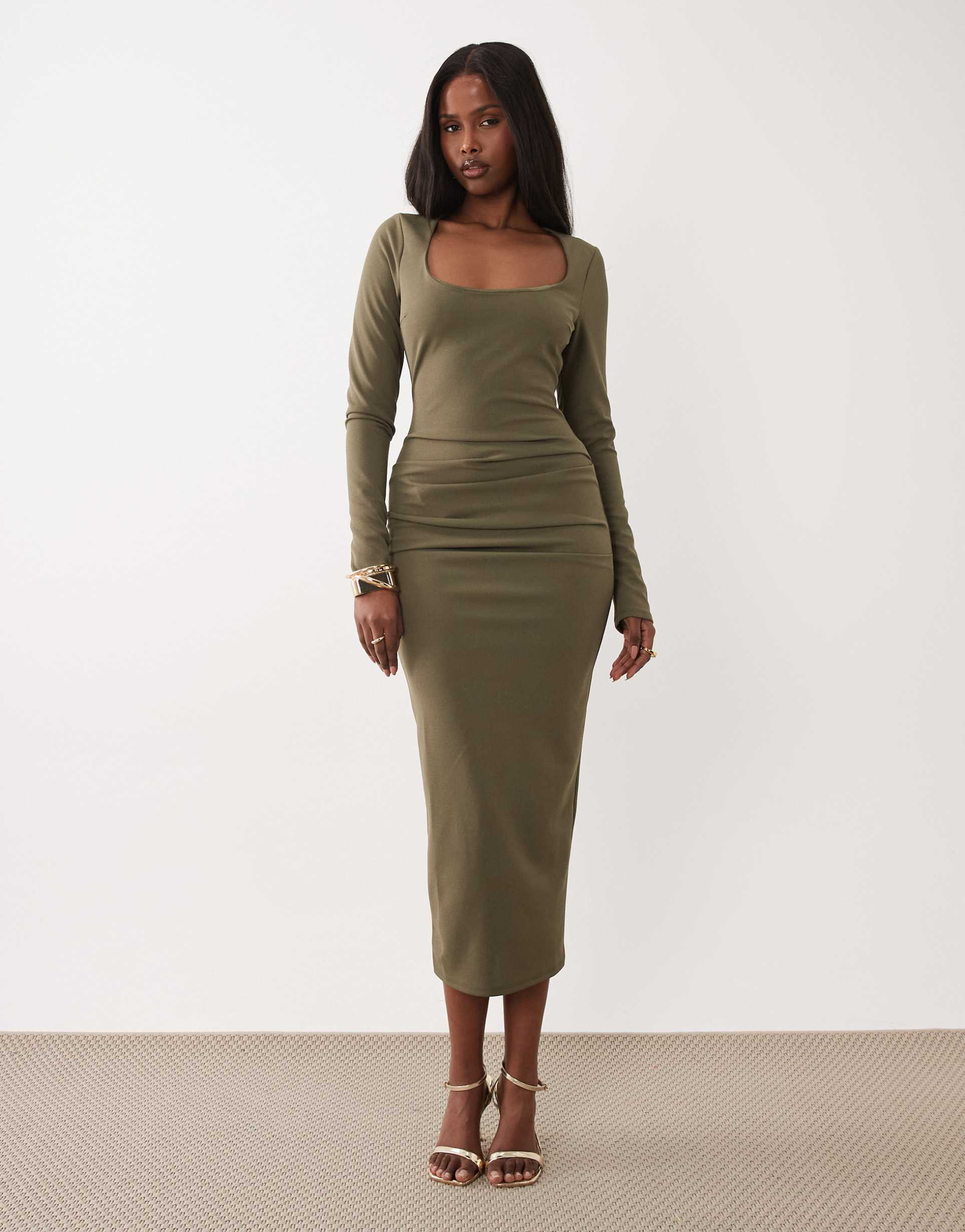 asos design long sleeve scoop neck midi dress in khaki