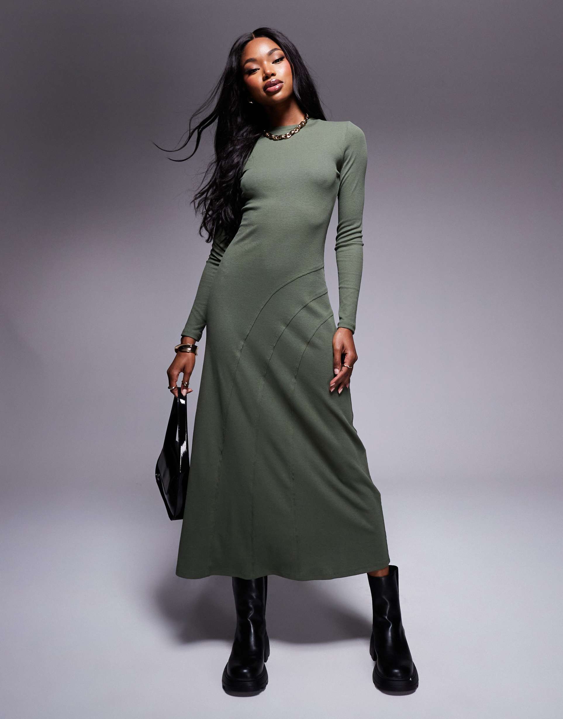 asos design long sleeve scoop neck midi dress with seam detail in olive