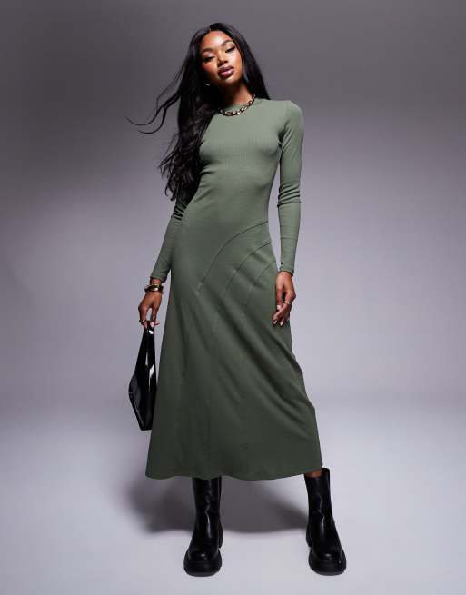 ASOS DESIGN long sleeve scoop neck midi dress with seam detail in olive ASOS