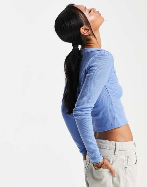 ASOS DESIGN long sleeve scoop neck rib top in blue