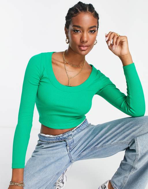 Green Rib Seamless Scoop Neck Long Sleeve Top