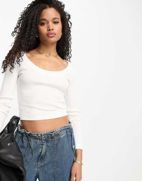 ASOS DESIGN long sleeve scoop neck rib top in white - view 1