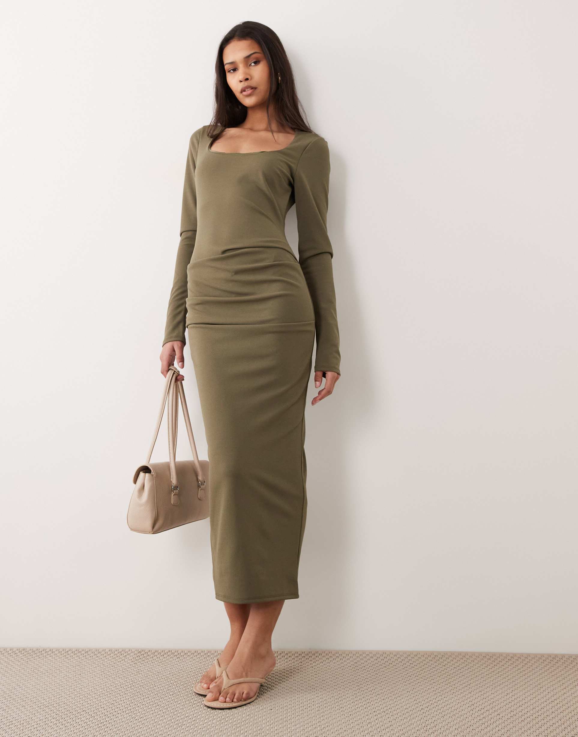 asos design long sleeve scoop neck ruched waist midi dress in khaki