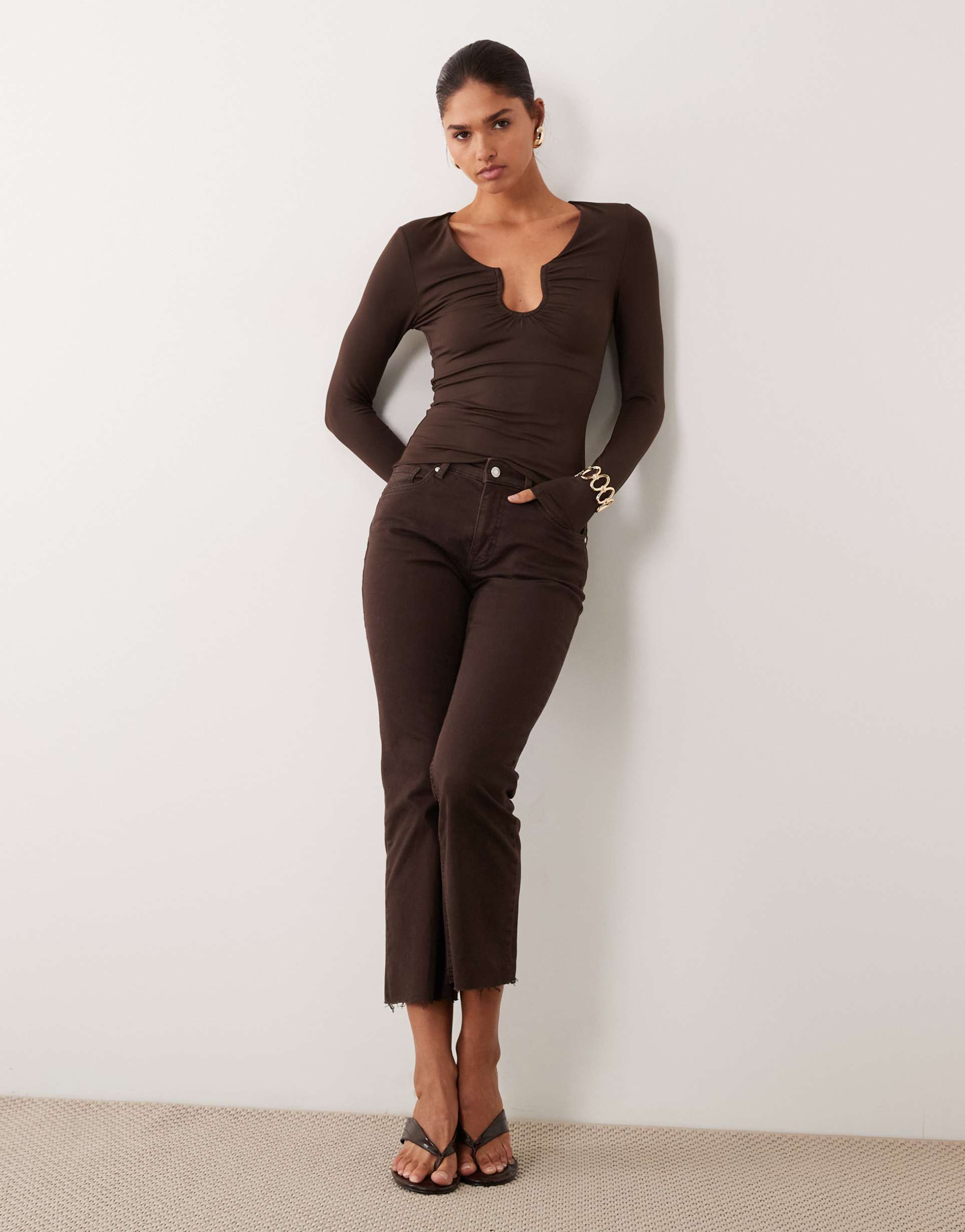 asos design long sleeve scoop neck top in chocolate