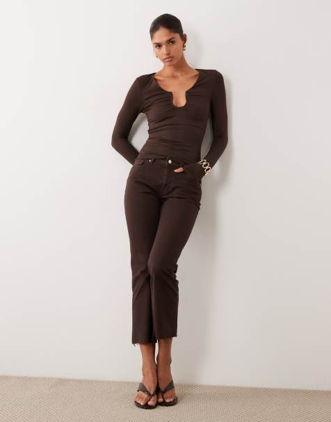 ASOS DESIGN long sleeve scouped neck top in chocolate - view 1