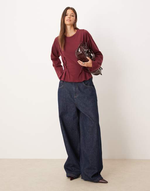 ASOS DESIGN long sleeve seam detail corset tee in burgundy, 2 of 4