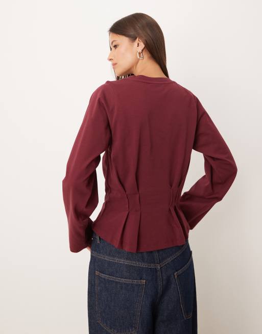 ASOS DESIGN long sleeve seam detail corset tee in burgundy, 3 of 4