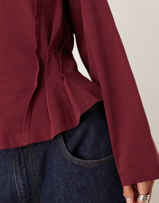 ASOS DESIGN long sleeve seam detail corset tee in burgundy, 4 of 4