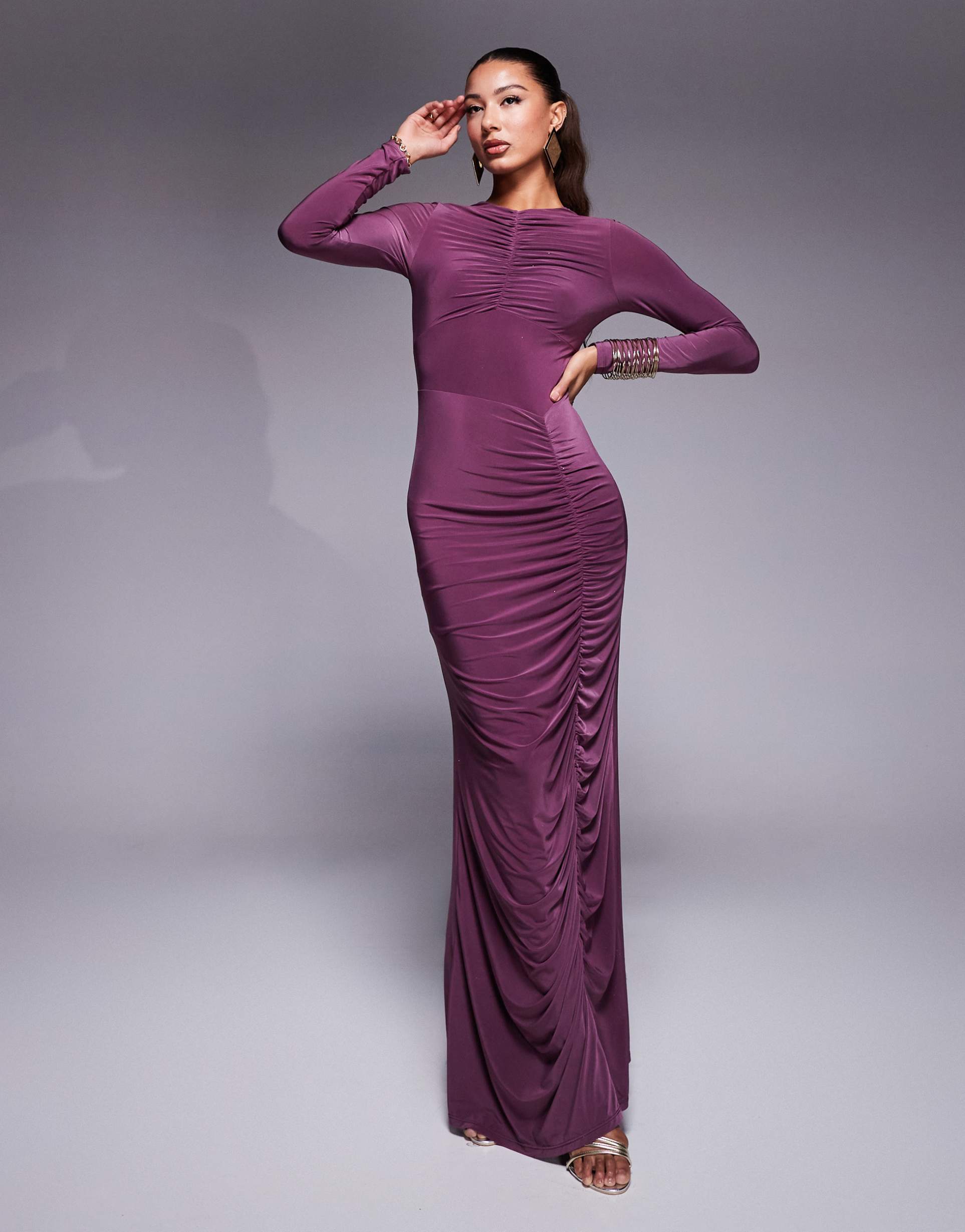 asos design long sleeve seam detail maxi dress with ruching in plum