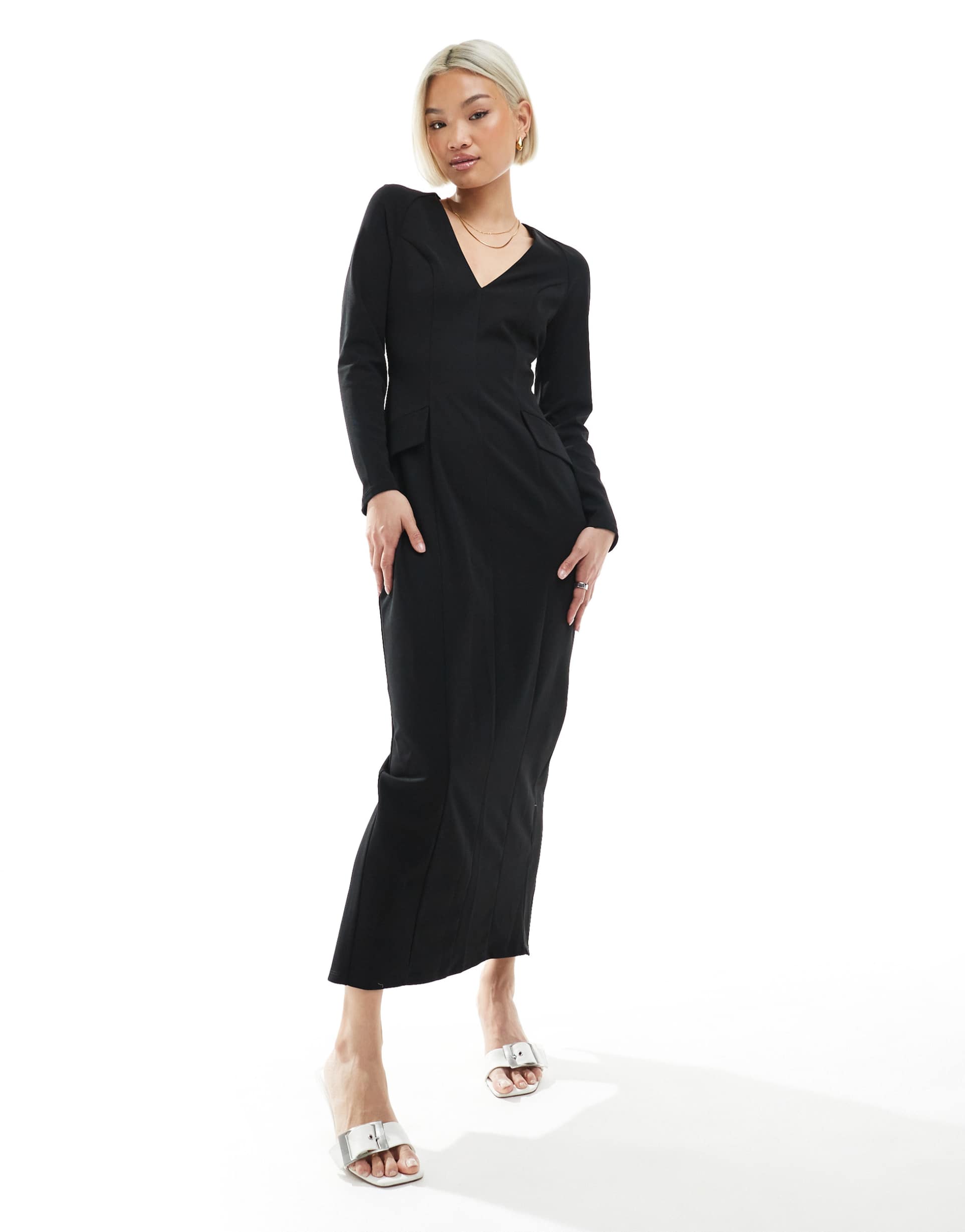 asos design long sleeve seam detail v-neck midi dress in black