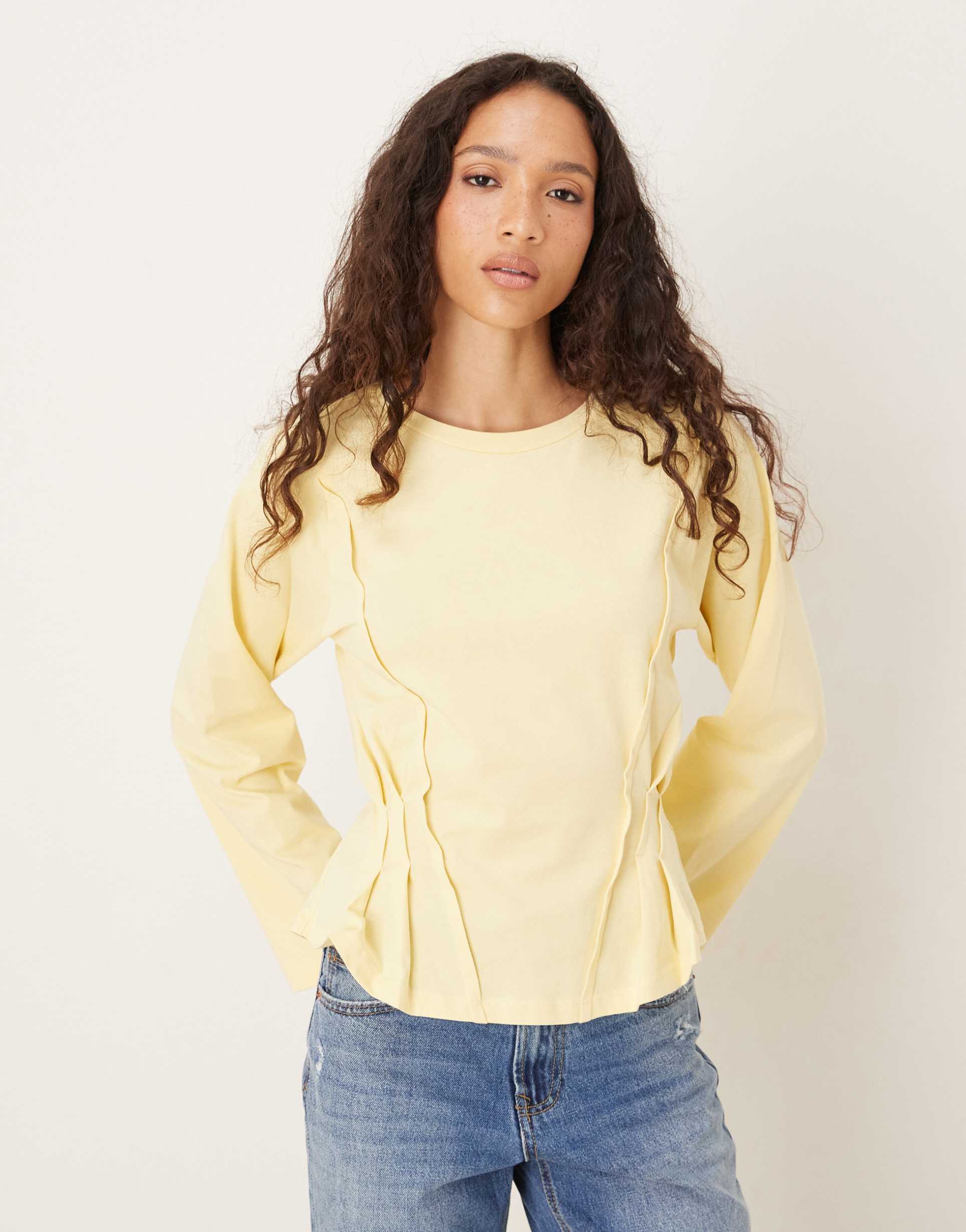 asos design long sleeve seam detailing corset tee in buttermilk
