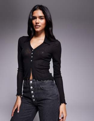 Asos Design Long Sleeve Semi Sheer Shirt In Black
