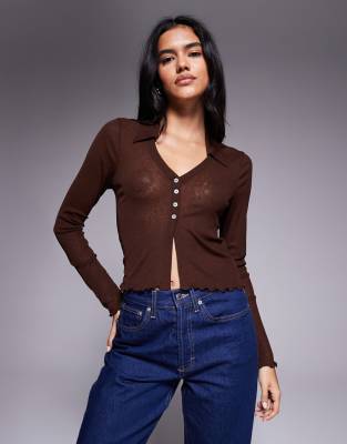 Asos Design Long Sleeve Semi Sheer Shirt In Brown