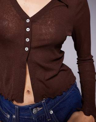 Asos Design Long Sleeve Semi Sheer Shirt In Brown
