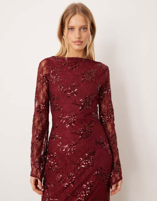 ASOS DESIGN long sleeve sequin lace maxi dress in burgundy, 2 of 4