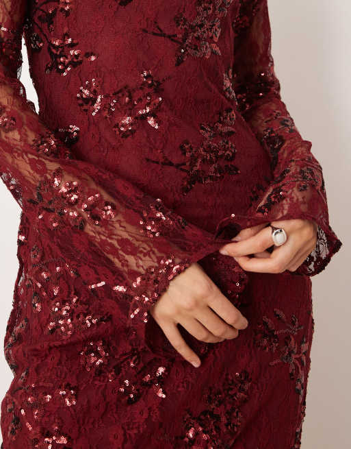 ASOS DESIGN long sleeve sequin lace maxi dress in burgundy, 3 of 4