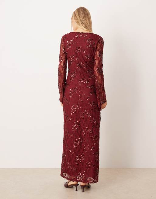 ASOS DESIGN long sleeve sequin lace maxi dress in burgundy, 4 of 4