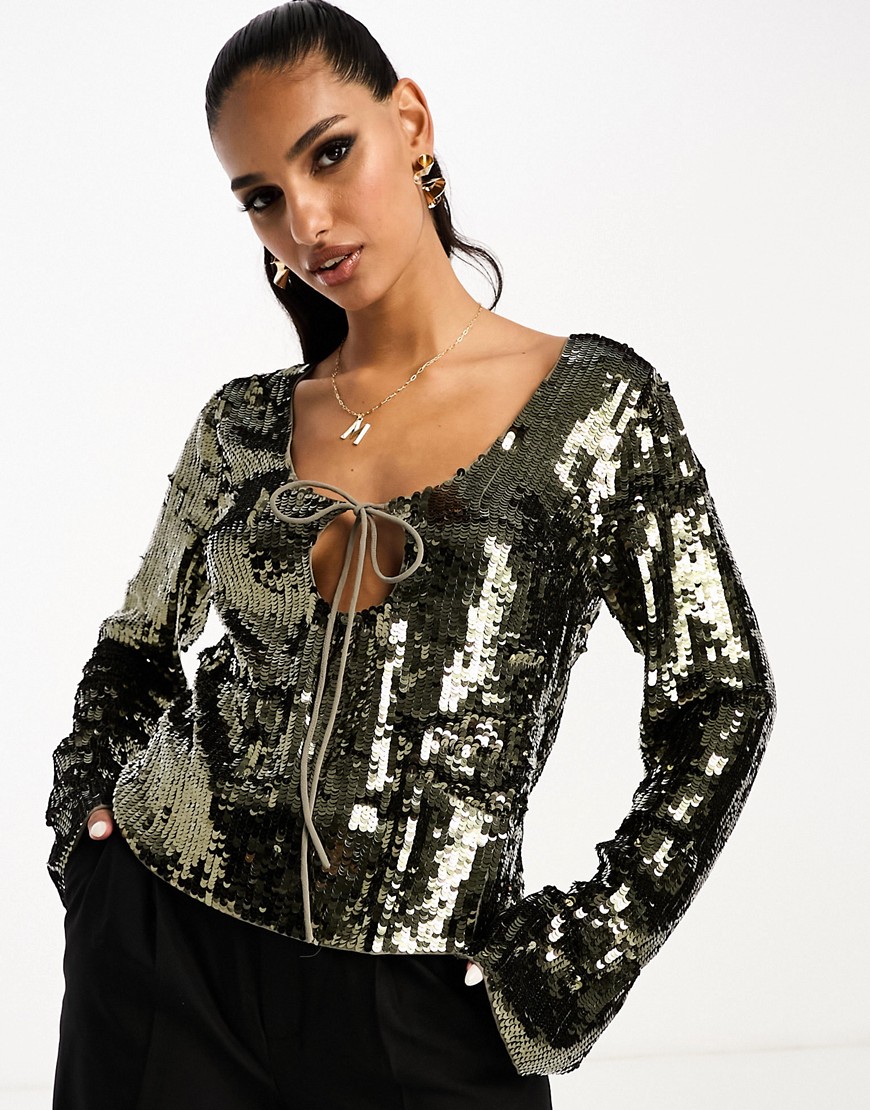 ASOS DESIGN long sleeve sequin top with tie detail in olive-Green